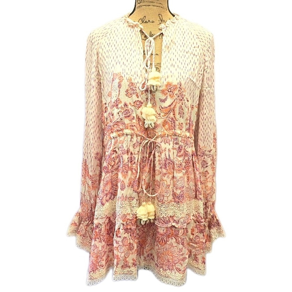Hemant & Nandita Paisley Embroidered Tassel Shell Boho Mini Dress sz M Coastal